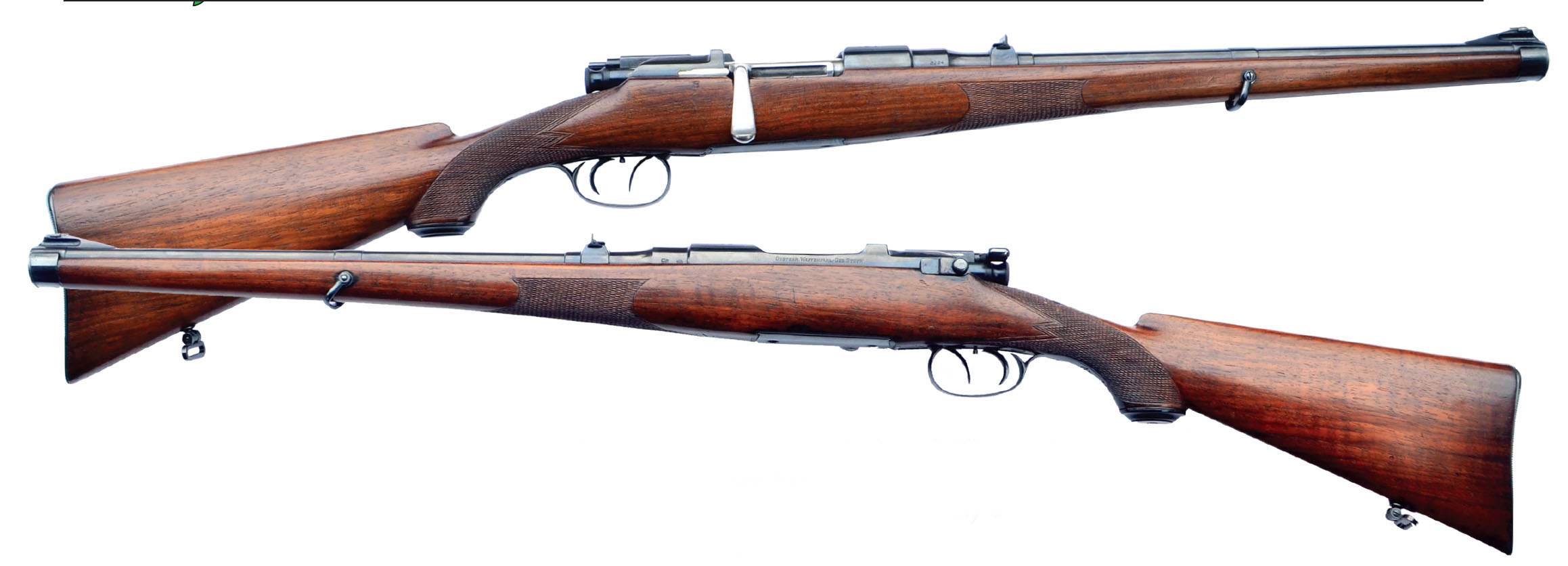 A Mannlicher-Schönauer Model 1905. This rifle is not all original: the bolt and rifle serial numbers don’t match, the barrel is 17.7 inches long rather than the usual 20 inches, the bolt is polished, not blued, and the stock has no cheekpiece. Still, it is undoubtedly a Mannlicher with all the handy qualities and fine workmanship the name carries.